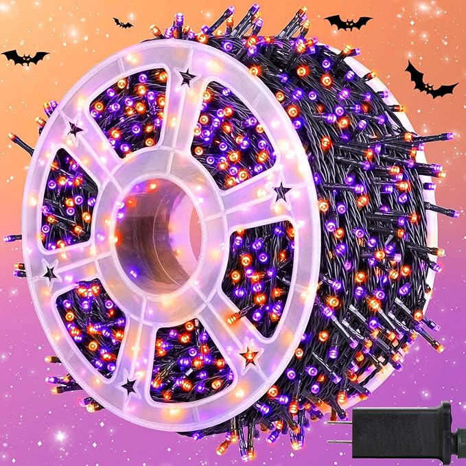 kemooie 500 LED Halloween Lights 164FT 8 Lighting Modes Plug in Waterproof Fairy Lights for Outdoor Tree Party Garden Balcony Halloween Decorations (Purple and Orange)