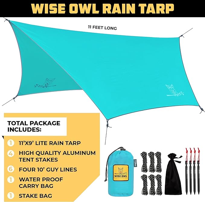 Wise Owl Outfitters Hammock &amp Rain Fly Bundle – Double Camping Hammock with Tree Straps and Waterproof Tarp Lightweight Shelter for Hiking &amp Travel