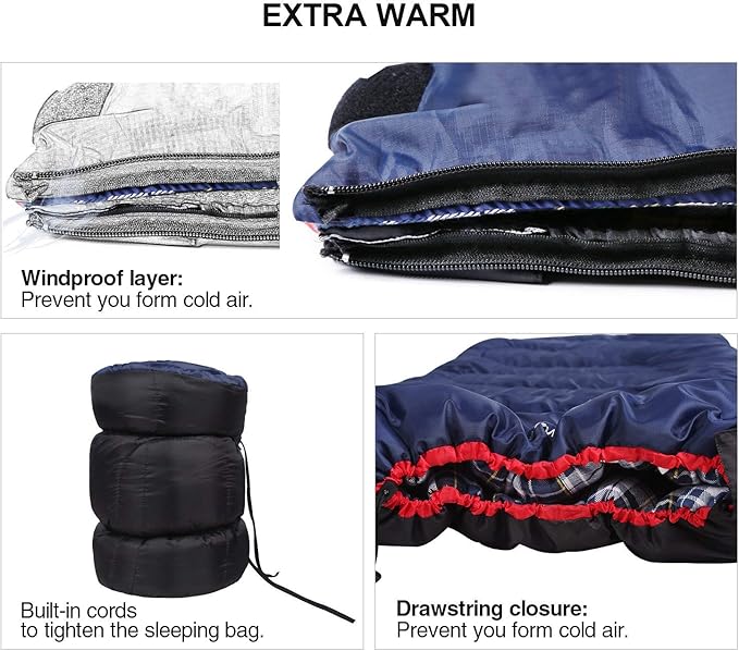 REDCAMP Cotton Flannel Sleeping Bag for Camping Backpacking Adults Cold Weather Envelope Sleeping Bags with 2/3/4/6lbs Filling
