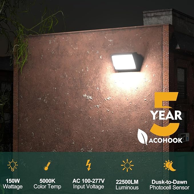 150W LED Wall Pack Lights 100-277v Dusk to Dawn with Photocell 22500Lm 5000K Daylight IP65 Waterproof Outdoor Exterior Lighting Energy Saving ETL | 5-Year Warranty(Height:10~20ft)-10Pack