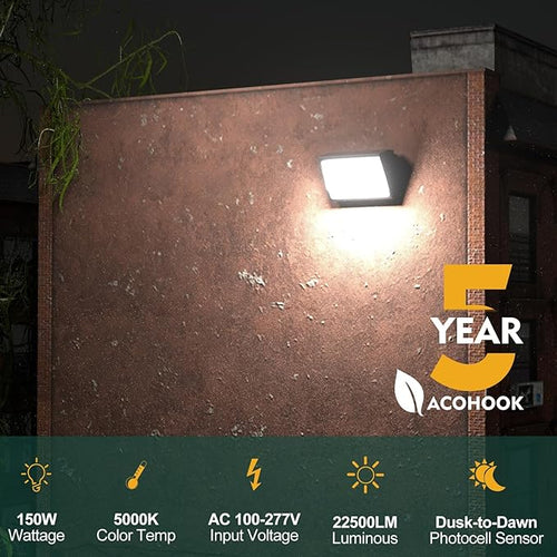 150W LED Wall Pack Lights 100-277v Dusk to Dawn with Photocell 22500Lm 5000K Daylight IP65 Waterproof Outdoor Exterior Lighting Energy Saving ETL | 5-Year Warranty(Height:10~20ft)-10Pack