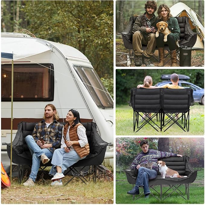 Slsy Oversized Double Camping Chair Folding 2 Person Camping Chair Loveseat Fully Padded Duo Chair Camping Couch Fold Up Double Camp Chair Lawn Chairs Camping Bench with Carrying Bag