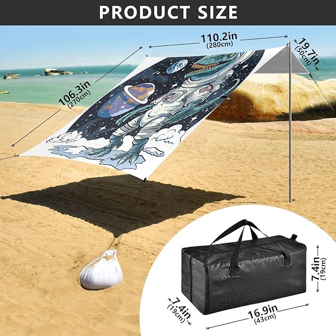 ALAZA Astronaut Dinosaur Dino Space Beach Tent Sun Shelter UPF50+ Protection Beach Shade Canopy w/ 4 Sandbags for Outdoor Camping Fishing Backyard Fun Picnic 10x9 ft