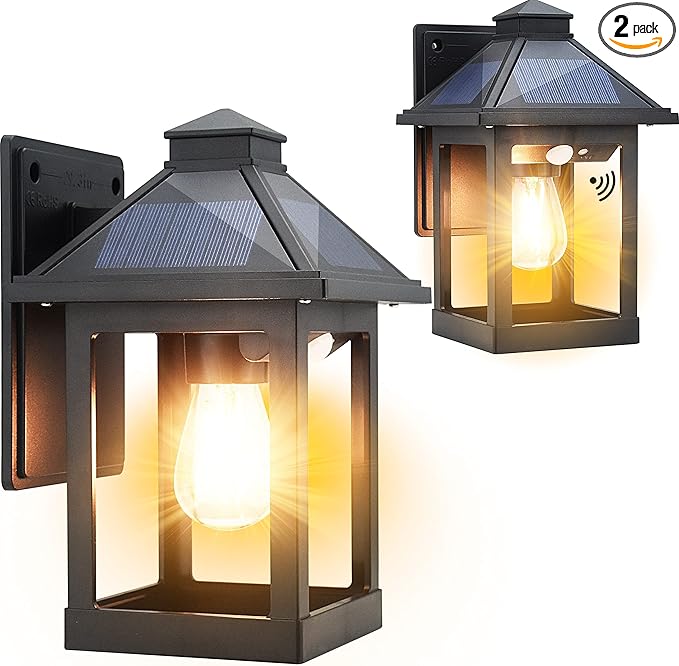 2 Pack Solar Wall Lanterns Outdoor with 3 Modes Dusk to Dawn Motion Sensor LED Sconce Lights IP65 Waterproof Exterior Front Porch Security Lamps Wall Mount Patio Fence Garage Decorative