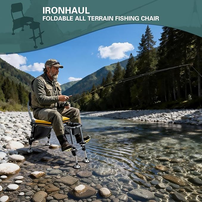 Upgraded All Terrain Foldable Fishing ChairU-Shaped Adaptive Design Adult Fishing Chair with FootrestOutdoor Camping Chair with Legs Adjustable (Yellow)