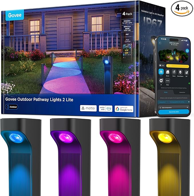 Govee Outdoor Pathway Lights 2 Lite 4 pack IP67 Waterproof 16 Million Colors 60+ Scene Modes Patio Lights for PathLandscape Lighting Outdoor Decor Compatible with Alexa Google Assistant Matter
