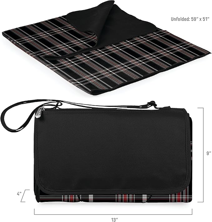 PICNIC TIME Outdoor Picnic Blanket Tote 59x51 Foldable Beach &amp Camping Blanket with Soft Fleece Water-Resistant Bottom Adjustable Strap &amp Zippered Pocket (Black Tartan Black Flap)