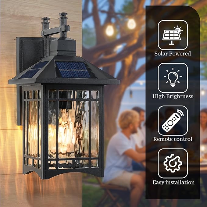 Solar Powered SconceBlack Porch Light Dusk to Dawn Outdoor Solar Wall LightsWaterproof Exterior Lights for Patio Yard House Hallway Doorway Garagewith Water Pattern Glass Shade