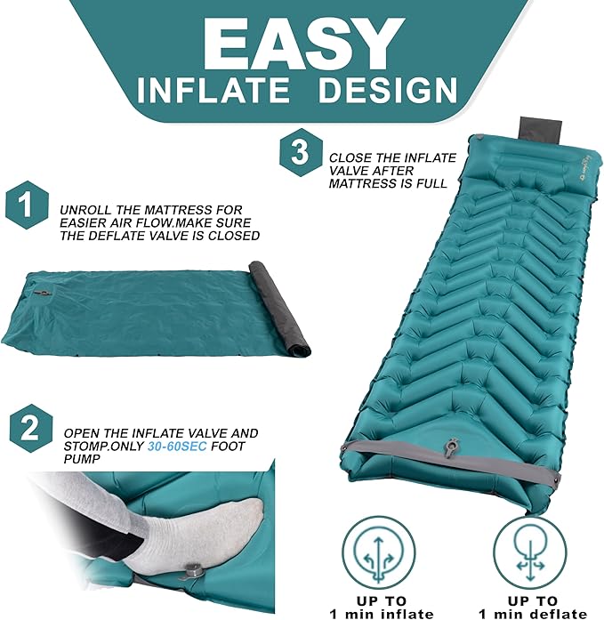 Sleeping Pad with Pillow Self Inflating Extra-Thick Ultralight Sleeping Mat Built-in Pump Ultimate for Camping Hiking Traveling Airpad Carry Bag Compact &amp Lightweight Air Mattress (Peacoc