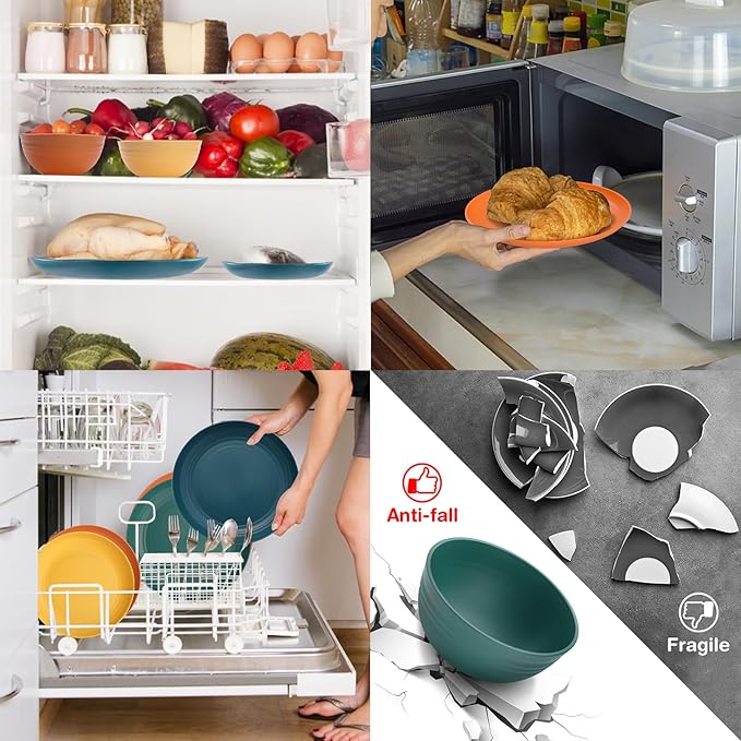 Wheat Straw Dinnerware Sets Unbreakable Plates and Bowls Sets for 8 Reusable Plastic Plates and Bowls 32Pcs Dishwasher Microwave Safe Plastic Dishes Kitchen RV Camping Outdoor