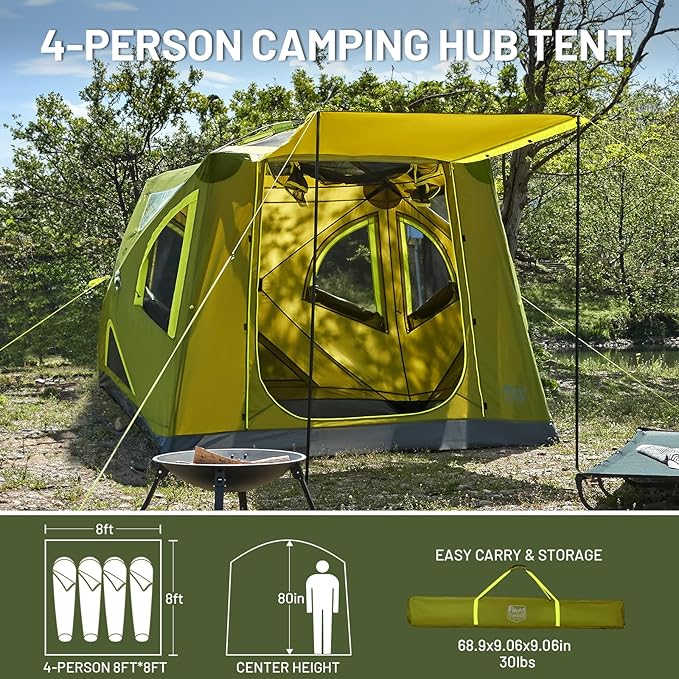 TIMBER RIDGE Camping Tent 4 Person Instant Pop Up Hub Tent with 8 Windows Easy 60 Second Setup Weather Resistant Family Cabin Tents with Rain Fly for Camping Hiking Outdoor Travel