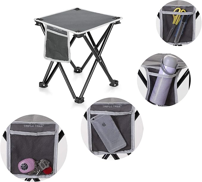 Triple Tree 2 Pack Folding Camping Stool 13.8 Inch Small Portable Lightweight Stool with Side Pocket Foot Stool with Carry Bag for Hiking Fishing and Beach Hold up to 400lbs Grey