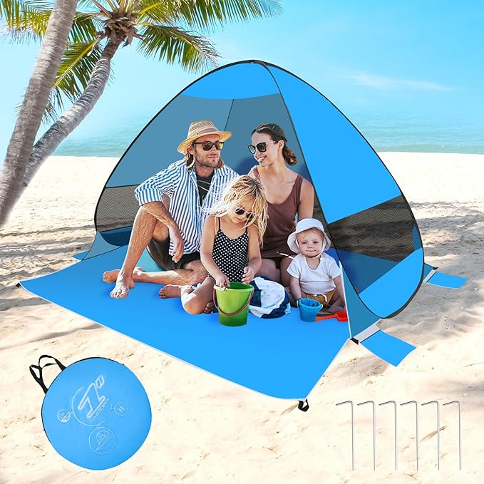 Pop Up Beach Tent Beach Shade with UPF50+ UV Protection Pop Up Tent for 3-4 Person Easy Setup Sun Shade Canopy for Camping Fishing (Light Blue)