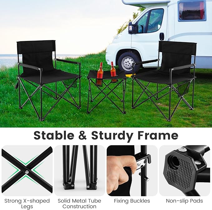 Giantex Camping Chair and Table Set - 3 Pack Folding Beach Chair with Side Table 2 Cup Holders Storage Pockets Carrying Bag 400 lbs Capacity Hammock Camping Chair for Fishing Hiking Picnic BBQ