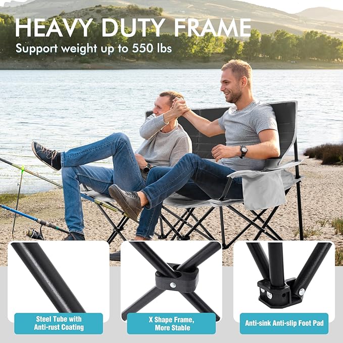 Double Camping Chair for Adults Folding Loveseat 2 Person Camping Couch with Cooler Bag Heavy Duty Oversized Lawn Chair Support 550 lbs for Outdoor Sports Fishing Beach Travel Picnic Gray