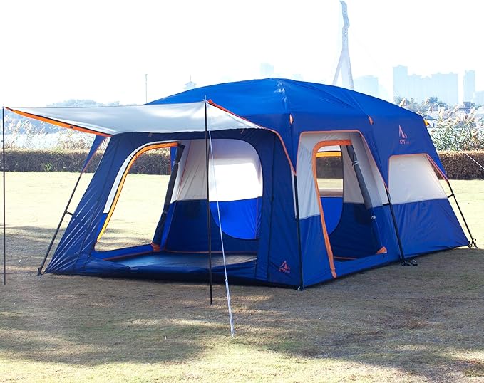 KTT Extra Large Tent 10-12-14 Person(B)Family Cabin Tents2 Rooms3 Doors and 3 Windows with MeshStraight WallWaterproofDouble LayerBig Tent for OutdoorPicnicCampingFamily Gathering