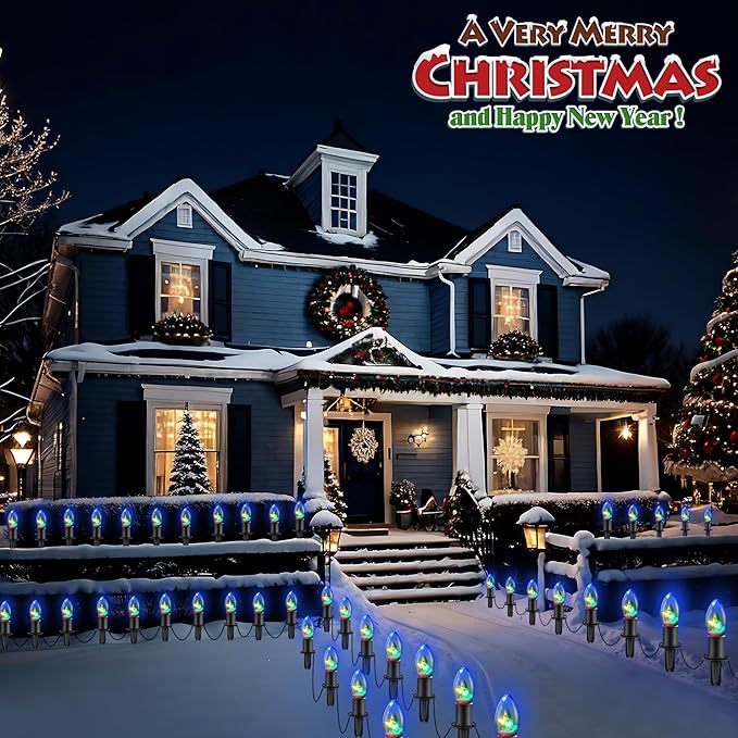 C9 Christmas Pathway String Lights with 20 Christmas Tree Light Bulb Decor- 24.5ft LED Christmas Path Marker Light with 20 Stakes Connectable Outdoor Walkway Lights for Xmas Lawn Yard Garden(20 Light)