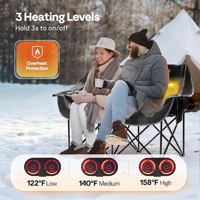 VIVOHOME 45W Padded Heating Double Camping Chair with 2 x 27000mAh Power Bank Heated Oversized Portable Loveseat for Outdoor Sports 3 Levels of Heat Overheat Protection System Black and Gray