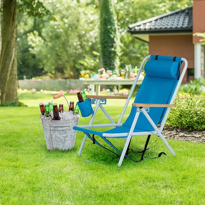 Bonnlo Foldable Backpack Carry Camping Chair with Cup Holder Portable 4-Position Reclining Heavy-Duty Supports 265lbs (120 kg) for Beach Lawn Concert Fishing Blue