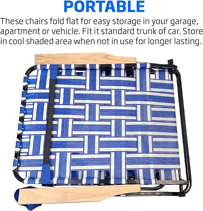 Webbing Patio Lounger Steel Chaise Lawn Chair Foldable Outdoor Great for Patio Camping Backyard Pool Wood Handles 1 Pack Blue