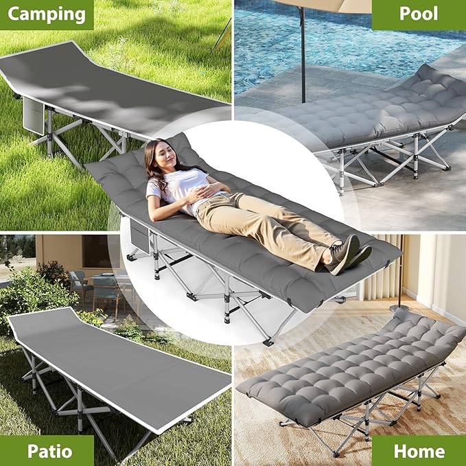 Camping Cots for Adults - Heavy Duty Folding Sleeping Cots with Carry Bag Double Layer Oxford Portable Travel Cots for Outdoor Camp Beach Home &amp Office (Silver Frame &amp Gray Pad 1PACK)