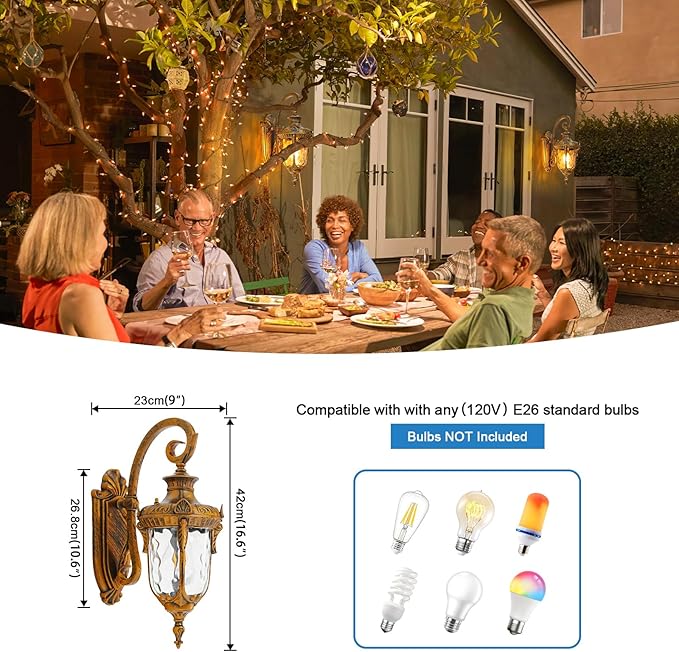 Outdoor Wall Lights Waterproof Aluminum Porch Wall Light for Outside House Patio Yard Garden Gold Gooseneck Exterior Wall Sconce Hardwired Outdoor Acorn Shape Lantern Water Ripple Glass 2pack