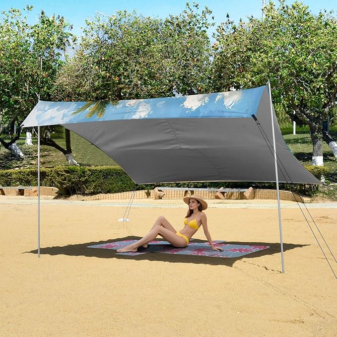 Boat on The Shore Beach Tent Sun Shelter 9.2' x 10.5' Beach Canopy with 4 Sandbags 4 Stability Poles Sand Shovels - Tent Canopy for Beach Camping Fishing Picnics
