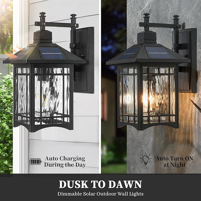 Solar Powered SconceBlack Porch Light Dusk to Dawn Outdoor Solar Wall LightsWaterproof Exterior Lights for Patio Yard House Hallway Doorway Garagewith Water Pattern Glass Shade