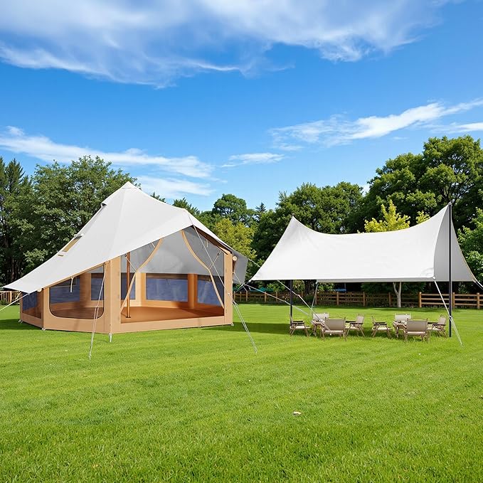 SPECRAFT Canvas Bell Yurt Tents &amp Inflatable Tent for Camping Waterproof Glamping Tent with Stove Jack Breathable Mesh Snowproofing Spacious 4-Season Family Shelter for Outdoor Camping Partie