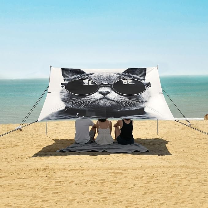 ALAZA Cat with Sun Glasses Beach Tent Sun Shelter UPF50+ Protection Beach Shade Canopy w/ 4 Sandbags for Outdoor Camping Fishing Backyard Fun Picnic 10x9 ft
