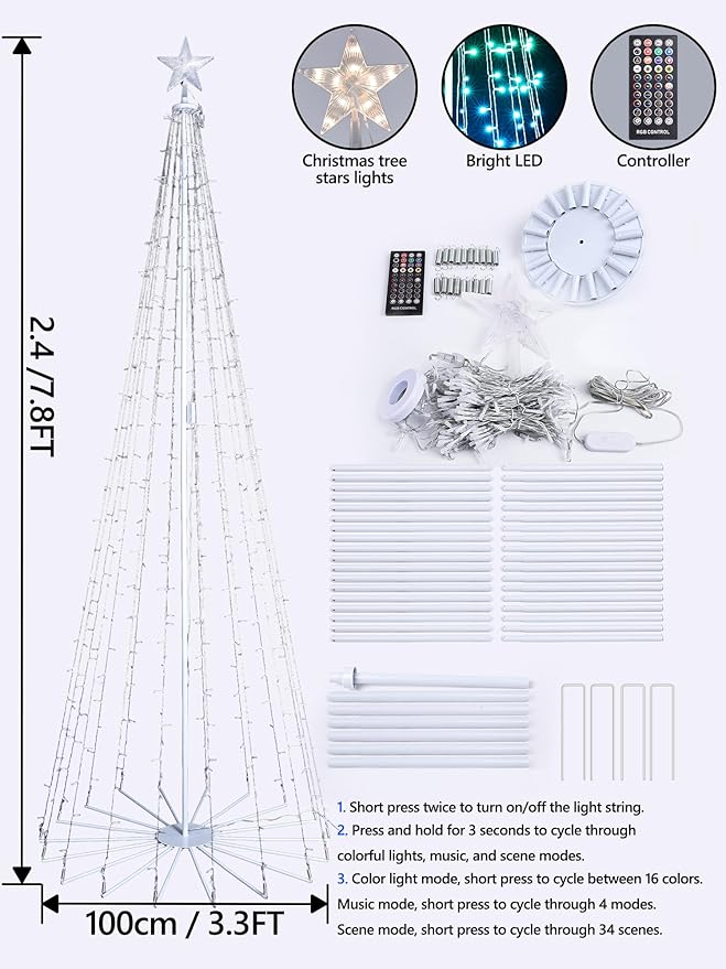 Flacchi 7.8FT Smart Christmas Tree Lights - Star Tree Topper with Removable Bracket App Control Sync with Music Waterfall Colored Lights for Indoor Outdoor Xmas Decorations (7.8FT/ String Lights)