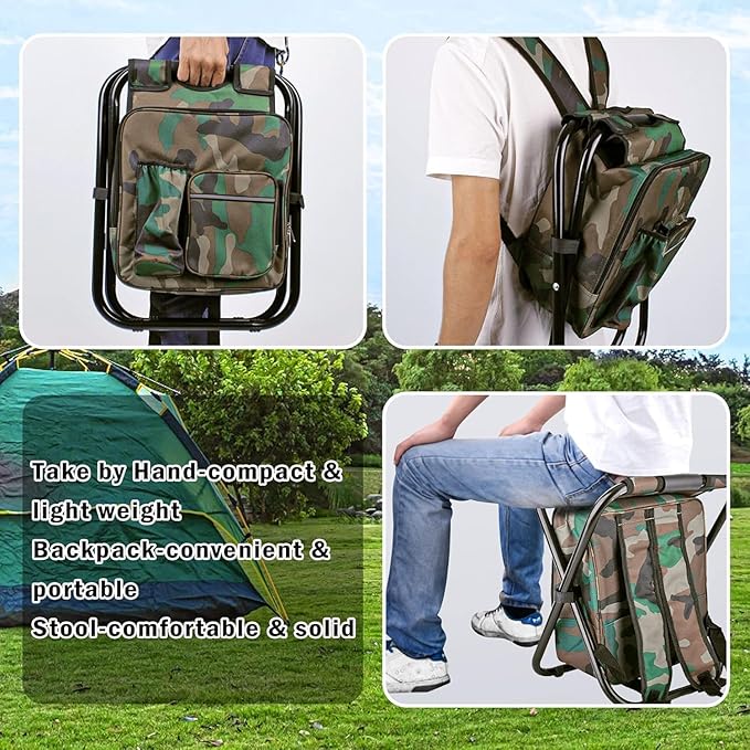Out&ampAbout 3-in-1 Backpack Stool Cooler Chair 400 LBS Max Load Portable Folding Fishing Cooler Stool - Camo