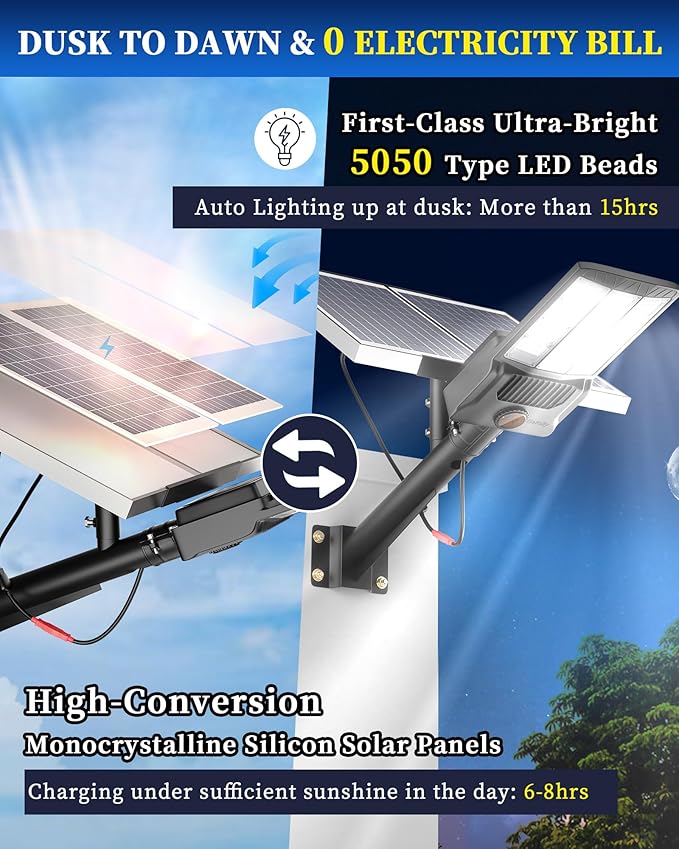 Gefolly Solar Street Lights Outdoor Commercial Parking Lot Light Dusk to Dawn IP67 Waterproof 6500K Security Flood Lights Lamp for Yard Road Basketball Courts (SL-9800W 650000LM)