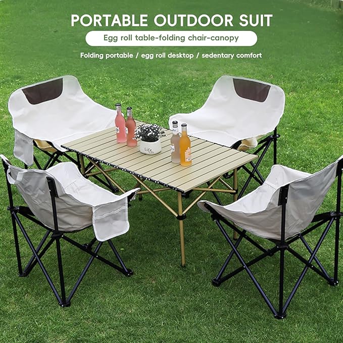 Portable Outdoor Camping Set Square End Table with 4 Moon Chairs for Patio Garden Living Room Indoor Outdoor Use (White 47 inches)