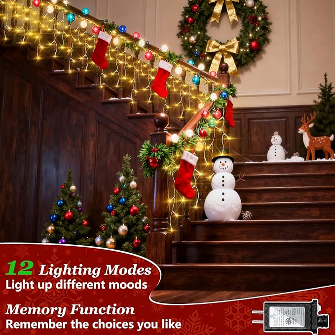 612 LED String lights Indoor Outdoor 60ft Christmas Window Lights with 136 Drops 12 Modes Dimmable Curtain Lights Fairy Lights for Bedroom Holiday Wedding Party Home Xmas Decorations Warm White