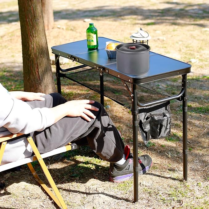 Portable Folding Camping Table Lightweight Aluminum Outdoor Picnic Table with Adjustable Height Compact &amp Sturdy Kid Table for Camping Hiking Backyard Beach Black