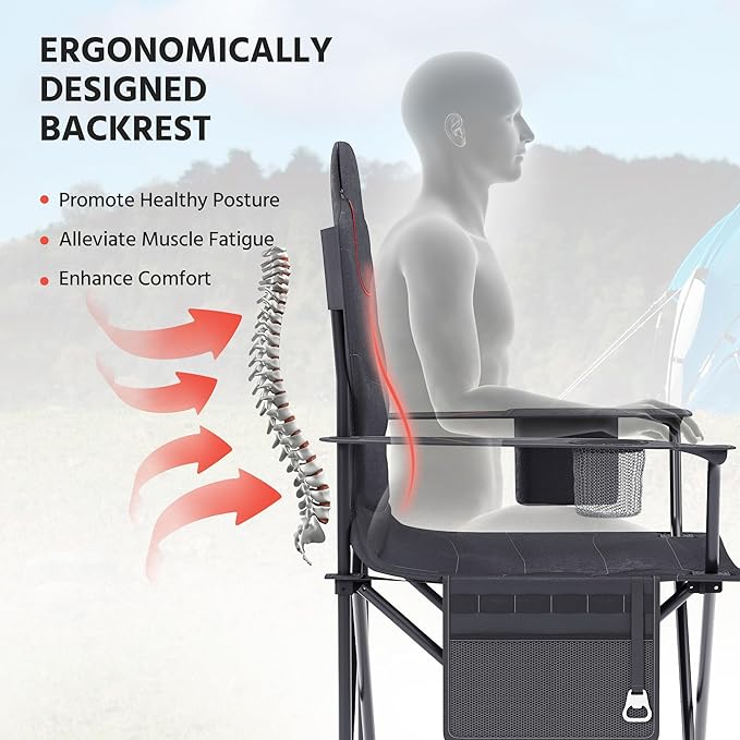 LAUSAINT HOME Portable Camping Chair for Adults Full Padded Folding Chair Support 300 LBS Heavy Duty Lawn Chair with Cup Holder Cooler Bag Storage Pocket Lumbar Support Head Pocket（Grey）
