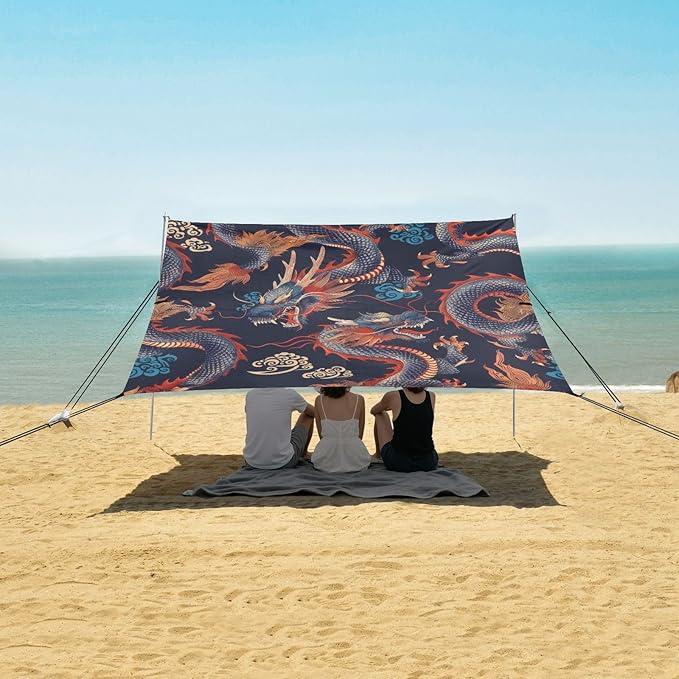 Chinese Dragon Beach Tent Sun Shelter 9.2' x 10.5' Beach Canopy with 4 Sandbags 4 Stability Poles Sand Shovels - Tent Canopy for Beach Camping Fishing Picnics