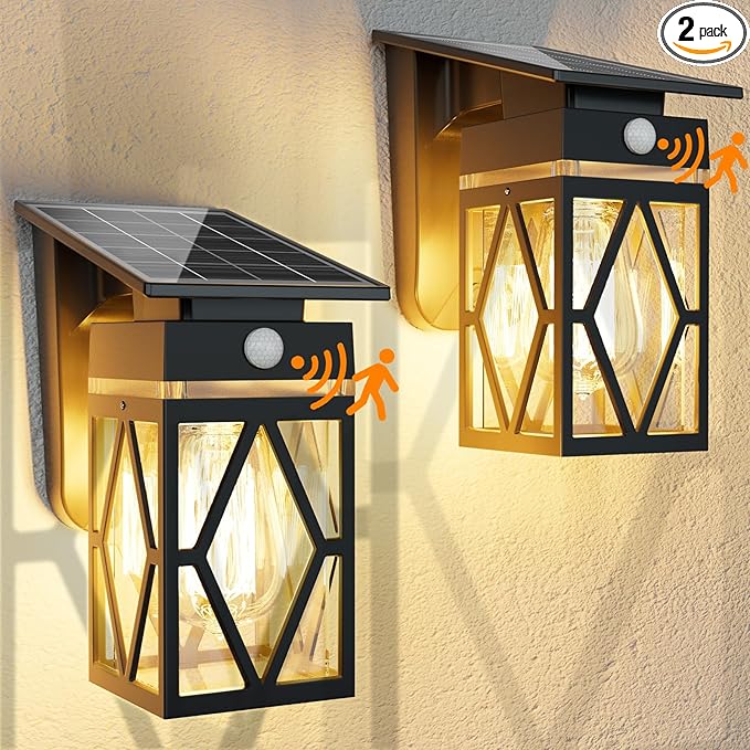 2 Pack Solar Porch Lights Outdoor Dusk to Dawn &amp Motion Sensor Solar Wall Light with Lantern Shape 3 Modes IP65 Waterproof E26 Bulb Exterior Sconce for Front Porch Garage Patio Security