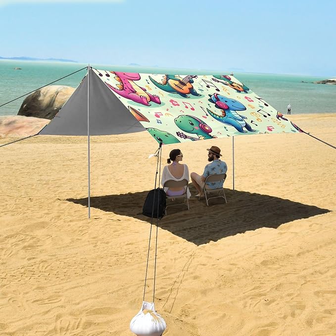 Camping Sun Shelters Cute Dinosaur Playing Music Beach Canopy 126 * 110.2in