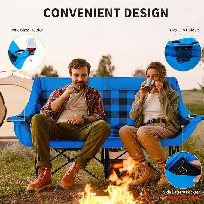 DoCred Heated Double Camping Chair Folding 2 Person Camping Chairs Loveseat Outdoor SportsHeated Oversized Lawn Chairs for AdultsHeating Camp Chair with 3 Heat Levels Battery NOT Included