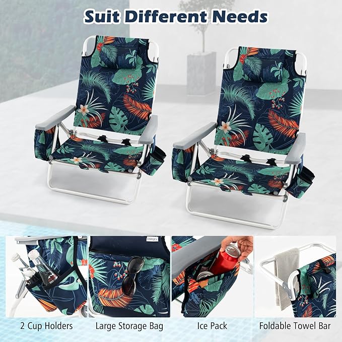 Tangkula Set of 4 Backpack Beach Chair 5-Position Lay Flat Beach Chairs with Cooler Bag 2 Cup Holders Towel Bar Lightweight Low Folding Beach Chair with Backpack Straps