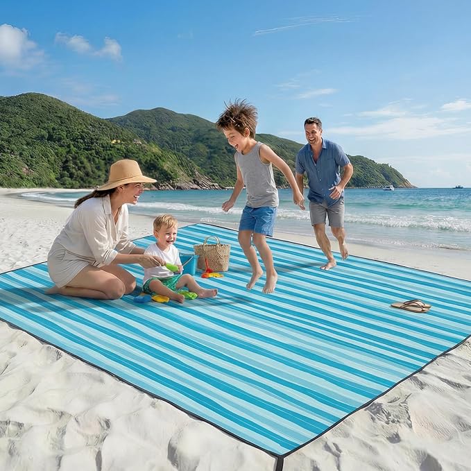 OIGAE 7x7ft Sandproof Beach Blanket - Large Waterproof Picnic Mat for 3-4 People Lightweight Sand Free Mat for Summer Vacation with 6 Stakes &amp 4 Corner Pockets for Beach Camping Festivals