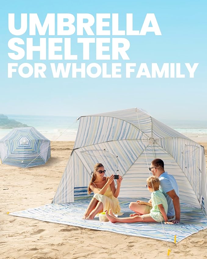 OutdoorMaster Pop Up Beach Umbrella Portable Beach Tent Shelter Beach Shade Sun Canopy with UPF 50+ UV Protection Extendable Floor with Carrying Bag