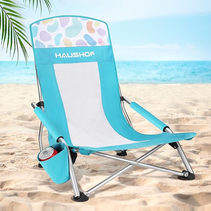 HAUSHOF High Back Beach Chair Mesh Back Folding Chair Lightweight Low Seat Camping Chairs with Cup Holder Carry Bag Padded Armrest for Outdoor Beach Lawn Camping Picnic Festival