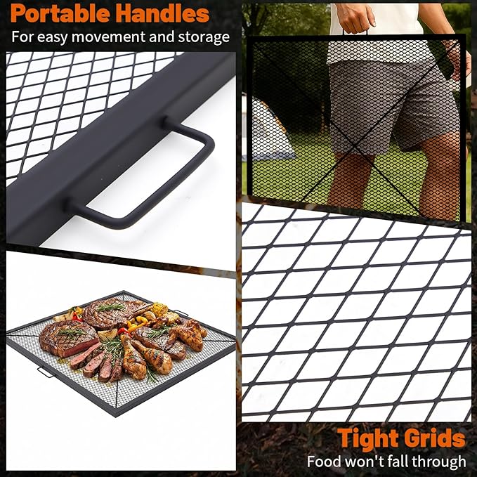40 Inch Square Fire Pit Grill Grate with Handles Heavy Duty Campfire Cooking Grate for Fire Pit Steel BBQ Grill Grid for Outdoor Camping