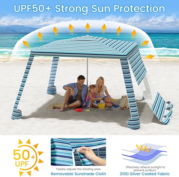 MoKo Beach Cabana 8'×8' Large Beach Canopy with Side Wall UPF 50+ Protection Easy Setup Beach Tent Sun Shelter Adjustable Height Wind Resistant Cabana Beach Tent for Whole Family Blue-Green Stripe
