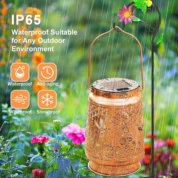 2 Pack Hummingbird Solar Lanterns Outdoor Garden Decor Gifts for Women Mom Grandma Birthday Hanging Metal Solar Lights Waterproof LED Decoration with Shepherd Hook Outside for Yard Patio Lawn Porch