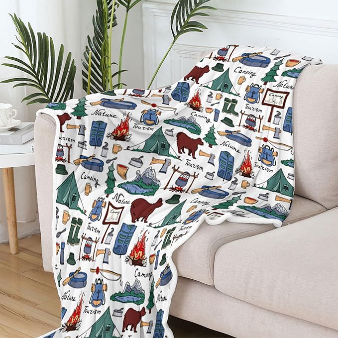 Camper Throw Blanket RV Camper Accessories for Travel Trailers Throw Blanket Flannel Camping Soft Warm Cozy Throws Cover for Couch Chair Sofa Bed Outdoor Inside Travel Decor