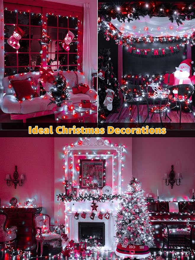 Christmas Lights 600 LED 98FT Waterproof Outdoor String Lights with Remote and Timer 8 Modes Dimmable Fairy Lights for Indoor Outdoor Wedding Party Holiday Decorations (Red and White)